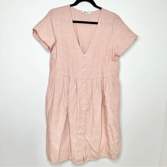 Madewell V-Neck Button Front Linen Blend Minidress in Warm Thistle Pink - Picture 2 of 10